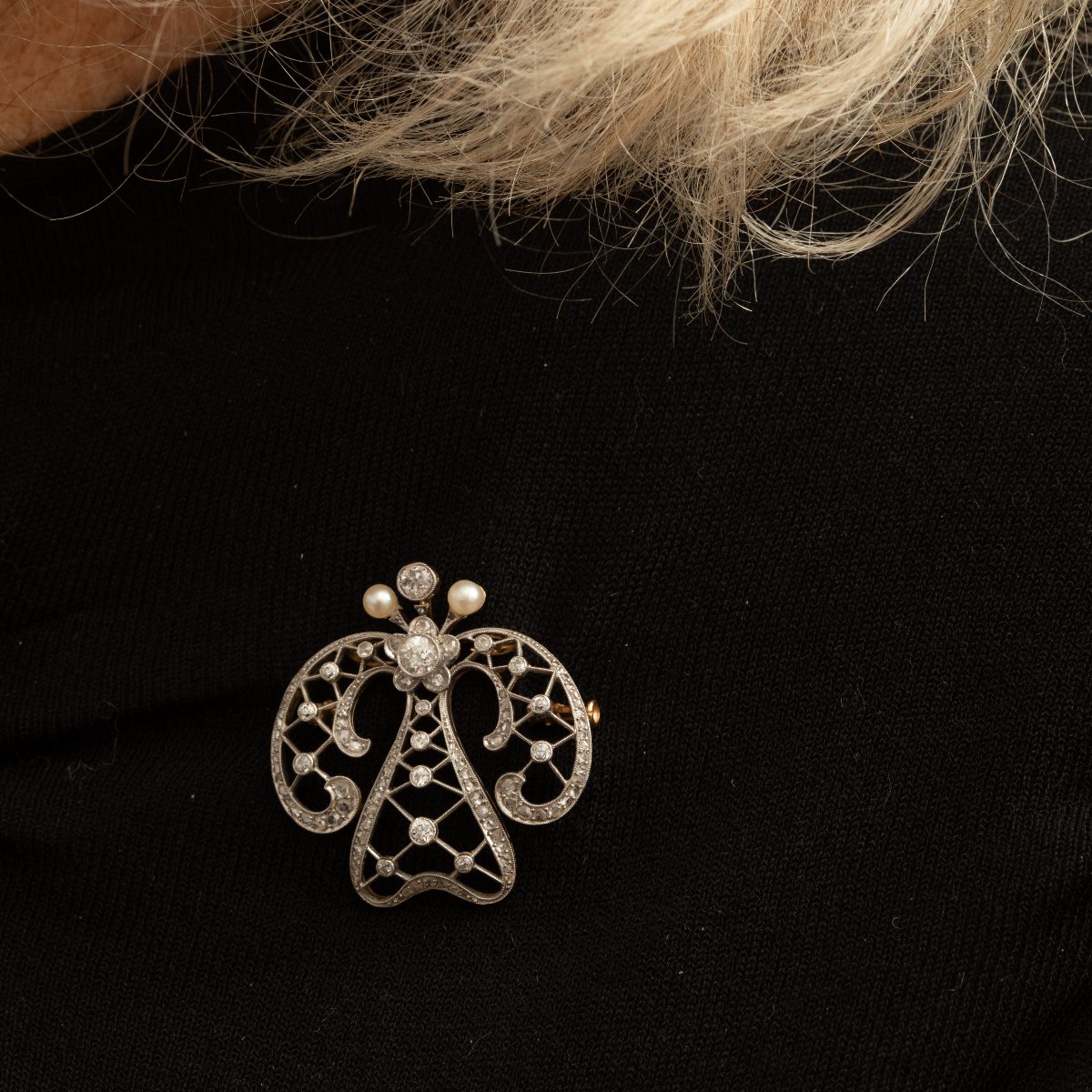 6873 - Antique Platinum Brooch Diamonds Fine Pearls-photo-2