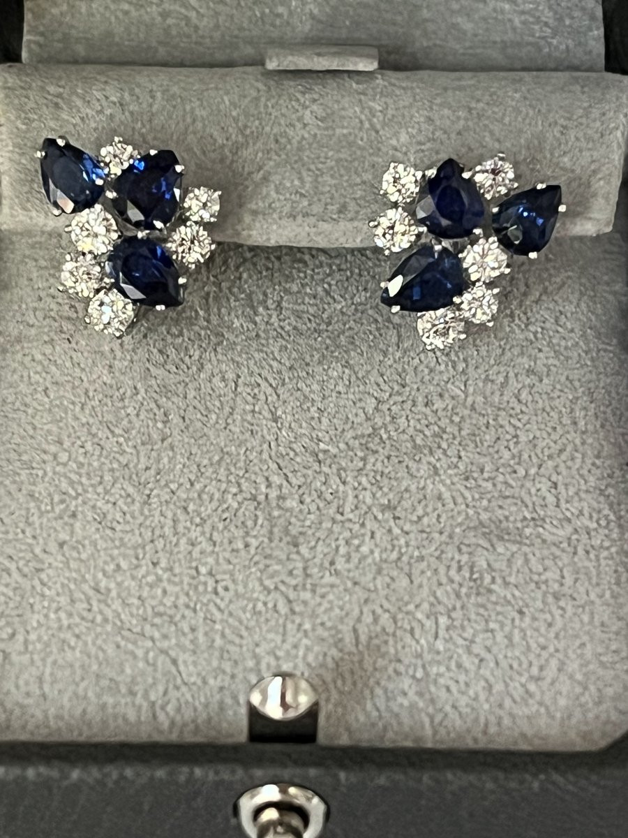 6876 - Boucles d'Oreilles Vintage Or Gris Platine Saphirs Diamants-photo-2