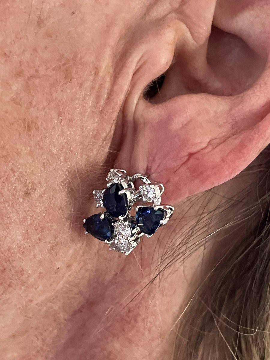 6876 - Boucles d'Oreilles Vintage Or Gris Platine Saphirs Diamants-photo-4