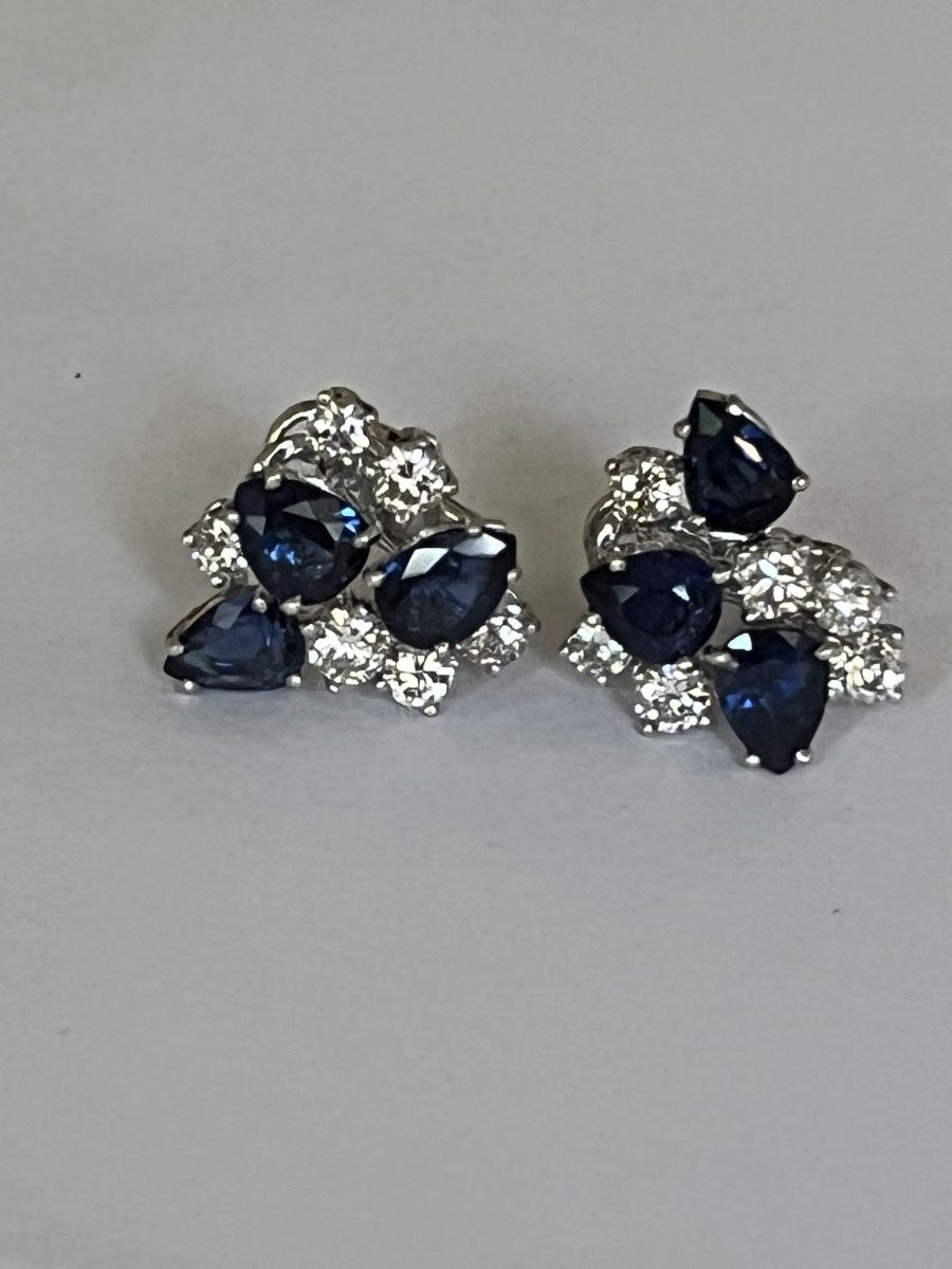 6876 - Boucles d'Oreilles Vintage Or Gris Platine Saphirs Diamants-photo-2