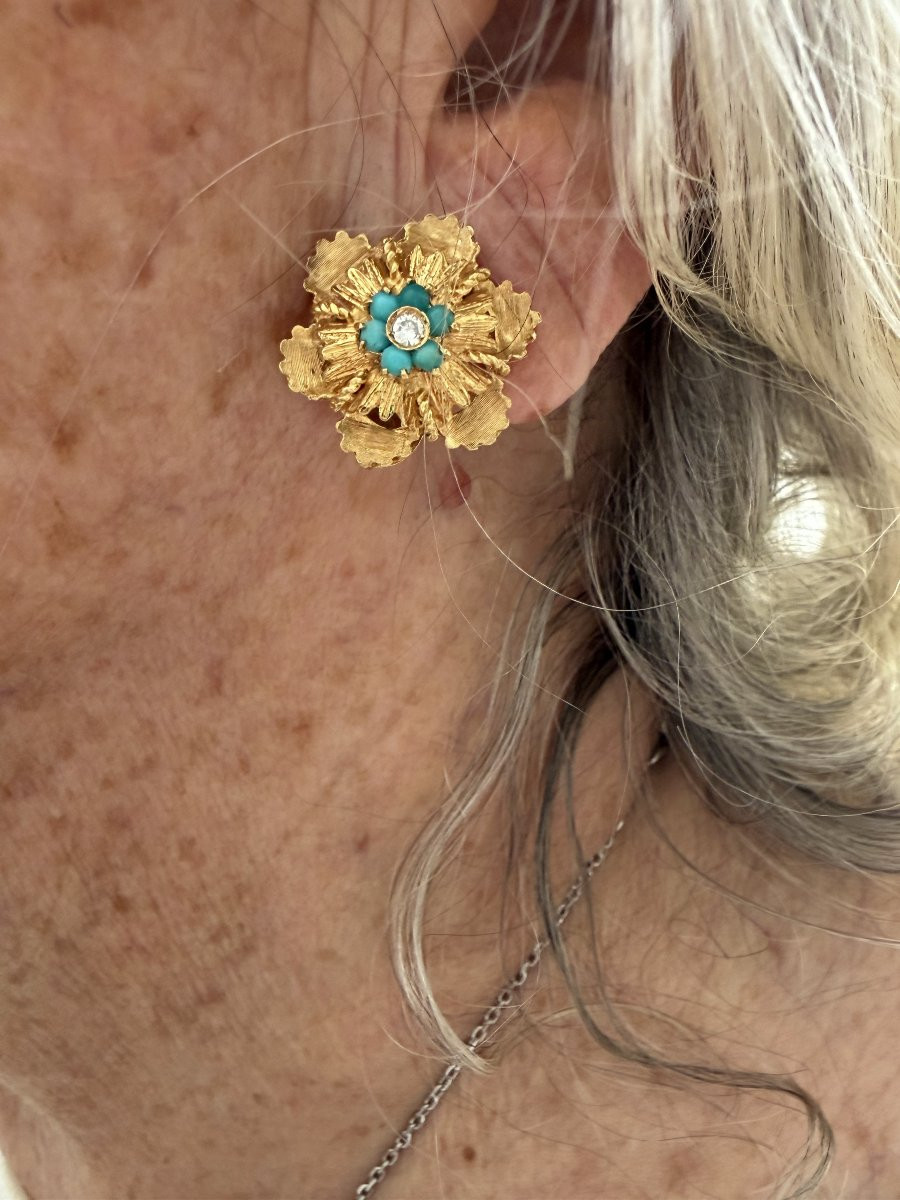 7487 - Vintage Earrings Yellow Gold Turquoise Diamonds-photo-2