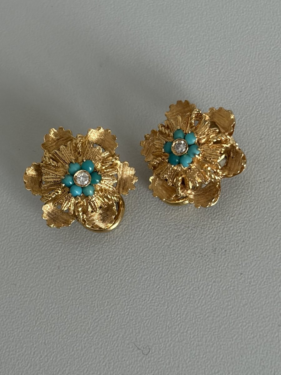 7487 - Vintage Earrings Yellow Gold Turquoise Diamonds-photo-4