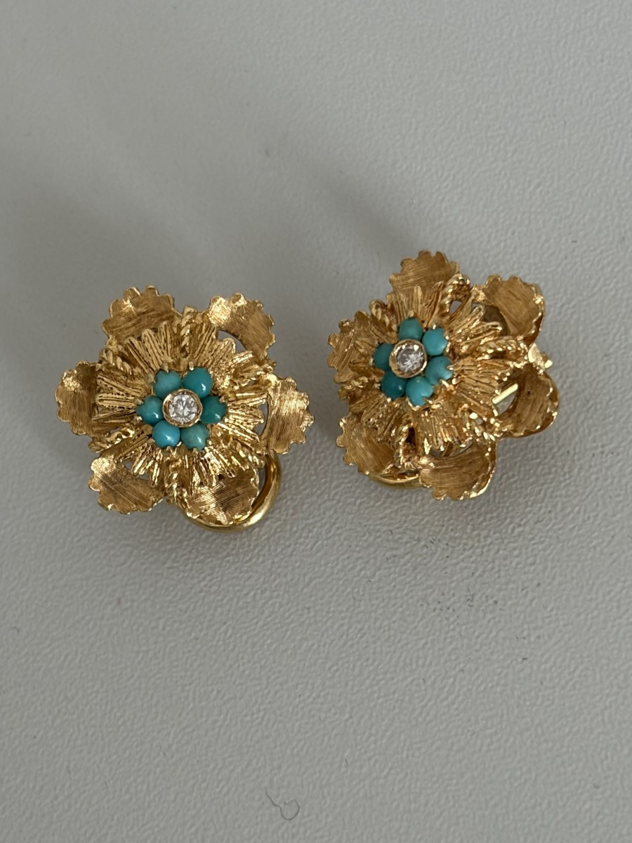 7487 - Vintage Earrings Yellow Gold Turquoise Diamonds