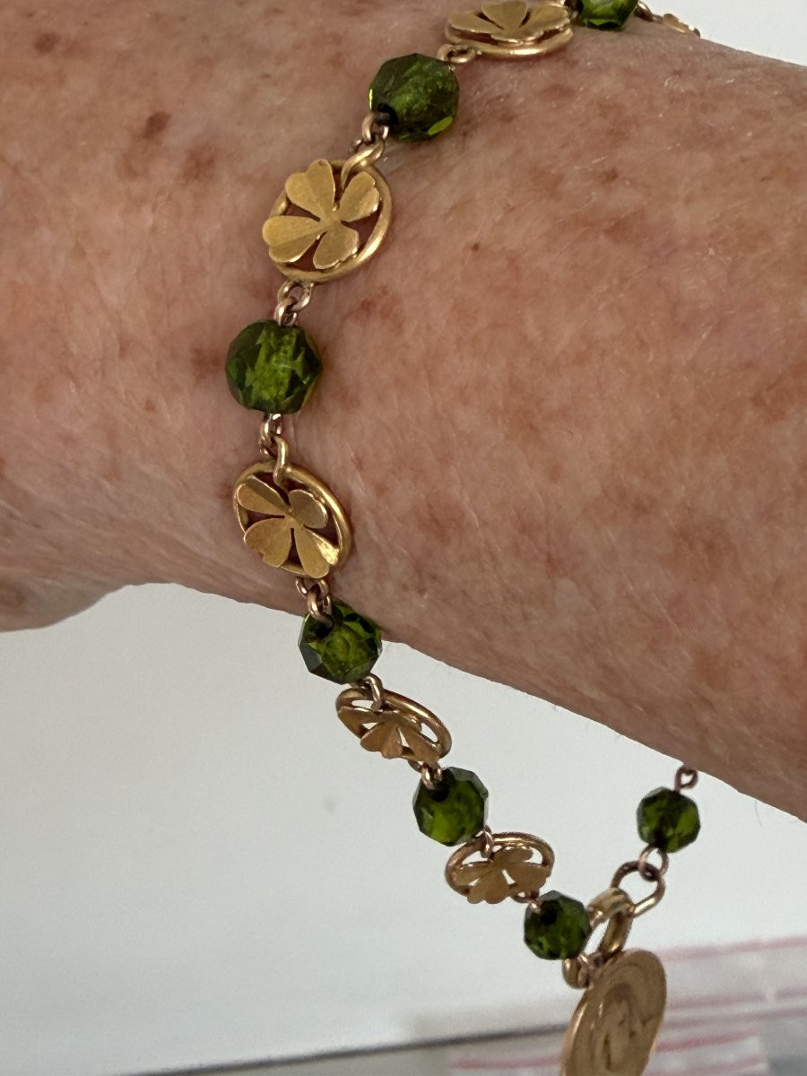 7520 - Bracelet Chapelet Or Jaune Perles Vertes Médaille Vierge-photo-2