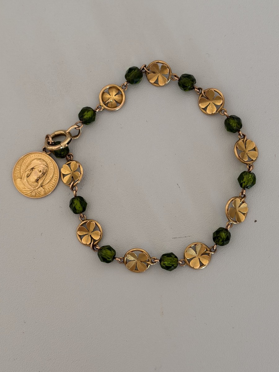 7520 - Bracelet Chapelet Or Jaune Perles Vertes Médaille Vierge