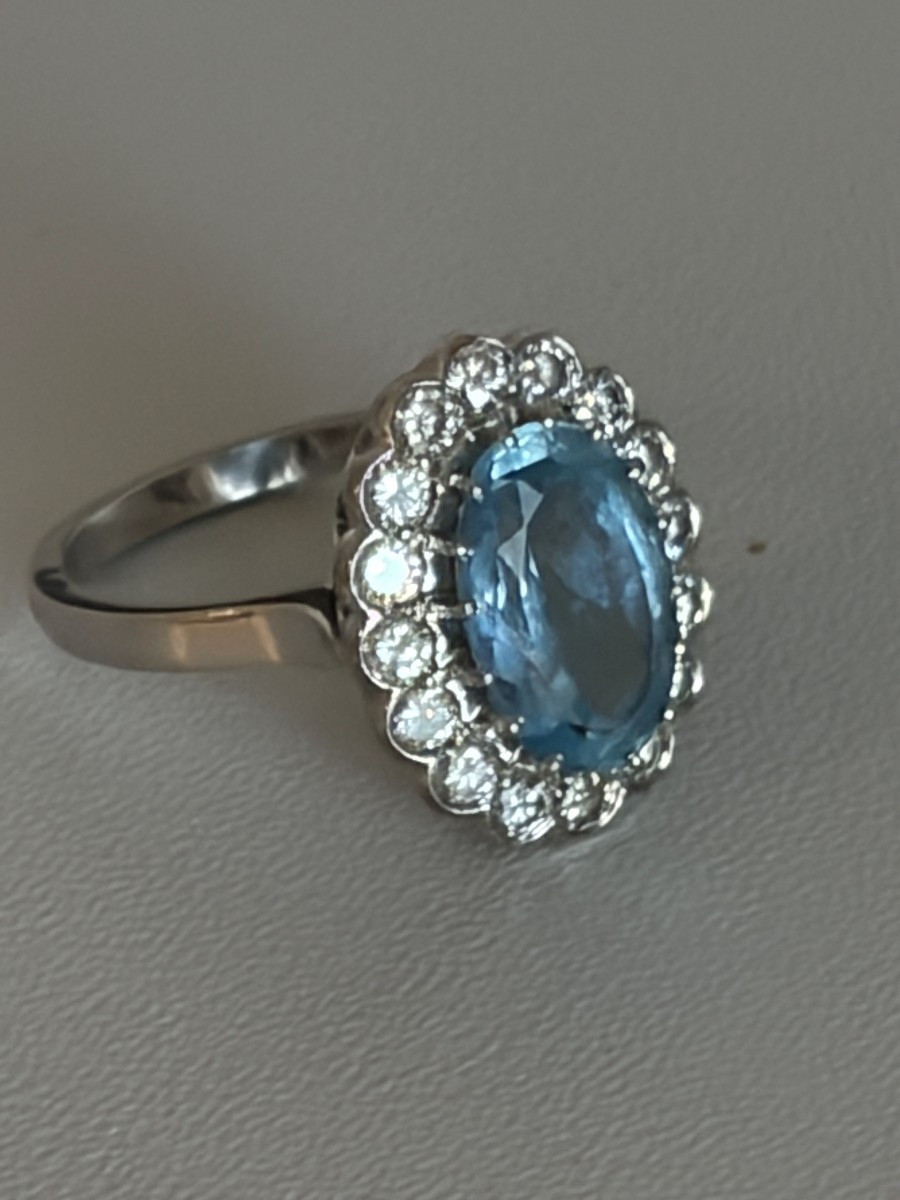7553 - Bague Or Gris Platine Aigue-Marine Diamants-photo-1