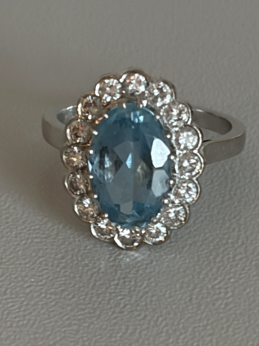7553 - Bague Or Gris Platine Aigue-Marine Diamants