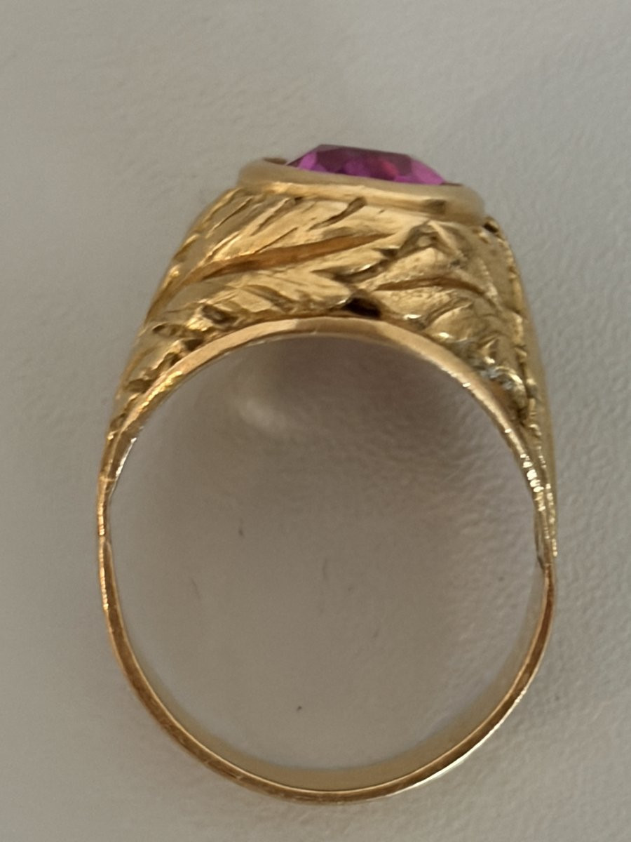 7563 - Vintage Chevalière Ring Yellow Gold Rose Stone-photo-4