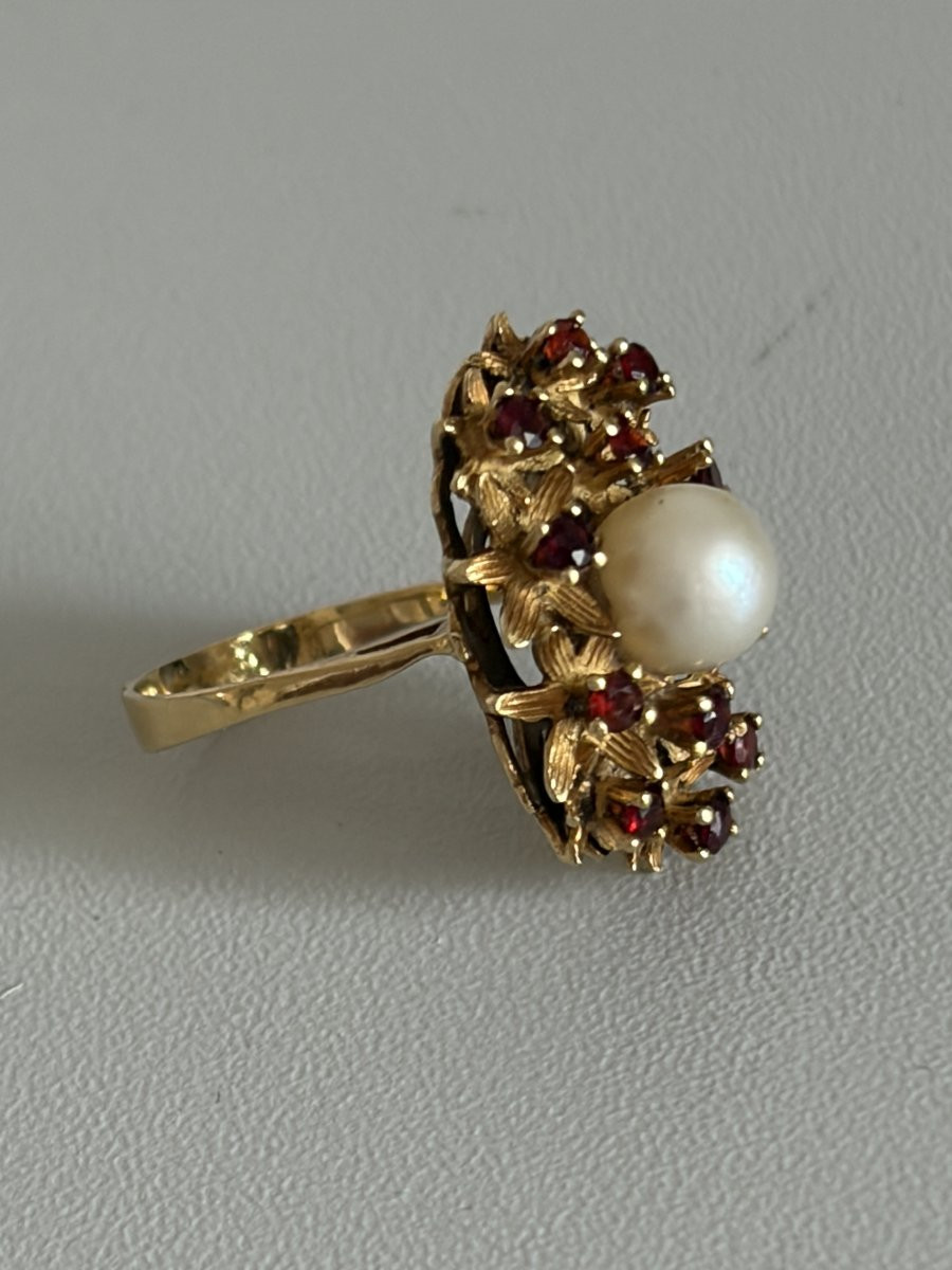 7564 - Bague Or Jaune Perle Akoya Pierres Rouges-photo-3