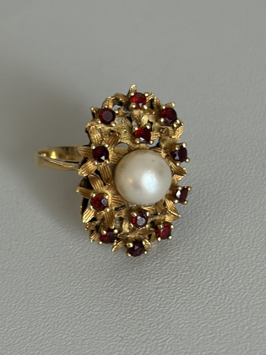 7564 - Bague Or Jaune Perle Akoya Pierres Rouges-photo-4
