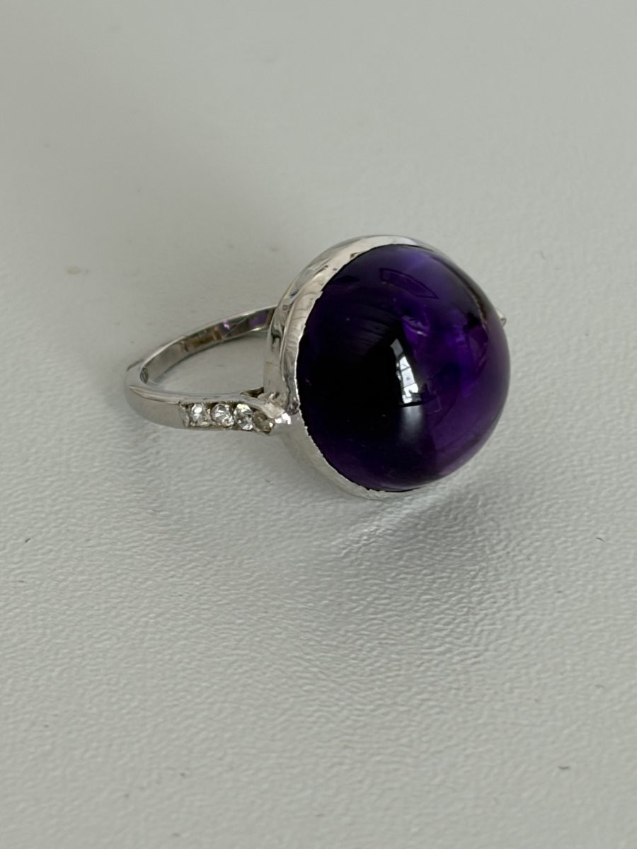 7568 - Bague Vintage Or Gris Améthyste Cabochon Diamants-photo-3