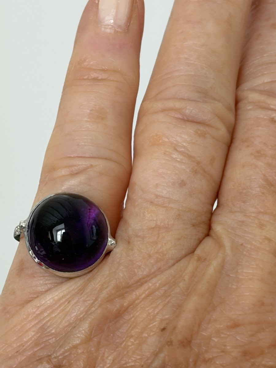 7568 - Bague Vintage Or Gris Améthyste Cabochon Diamants-photo-4