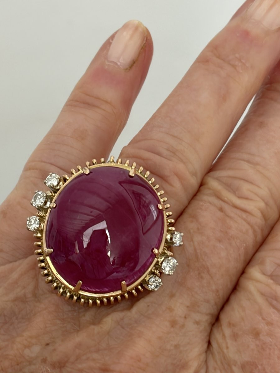 7574 - Bague Vintage Or Jaune Rubis Birman Cabochon Diamants-photo-2