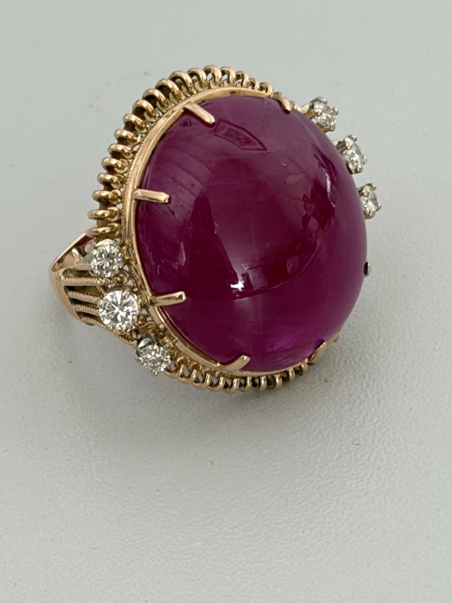 7574 - Bague Vintage Or Jaune Rubis Birman Cabochon Diamants-photo-1