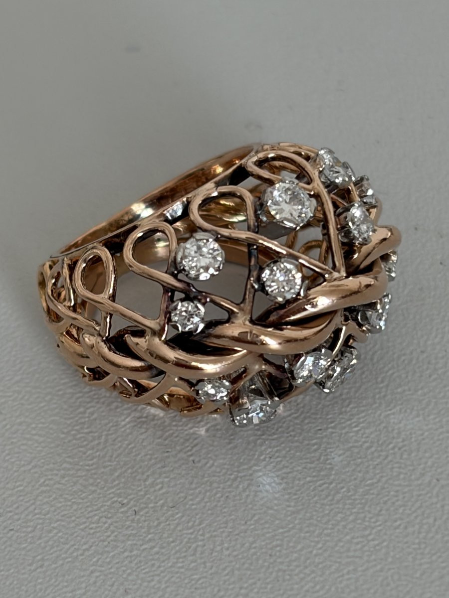 7587 - Bague Vintage Or Jaune Ajouré Diamants-photo-4