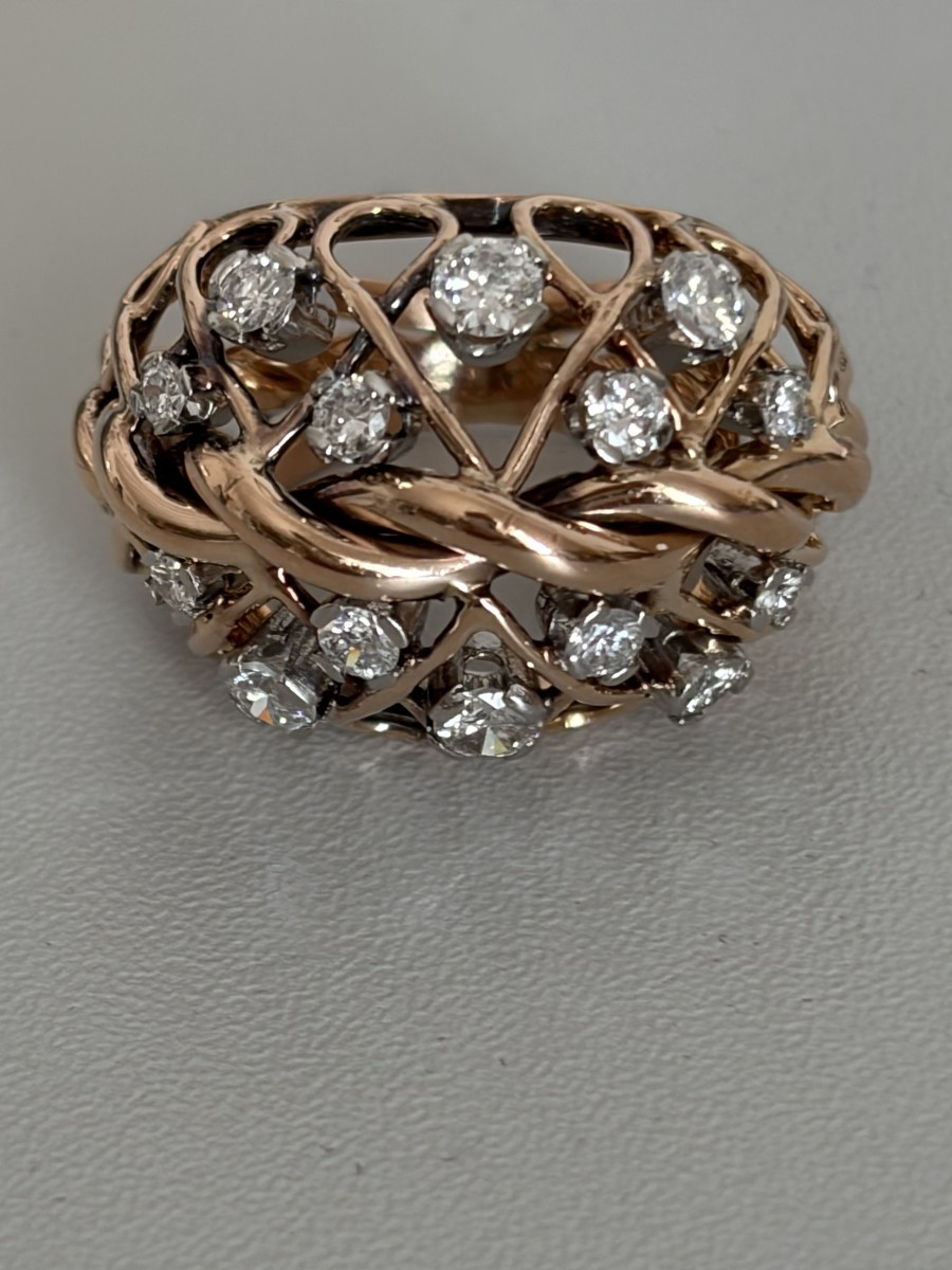 7587 - Bague Vintage Or Jaune Ajouré Diamants