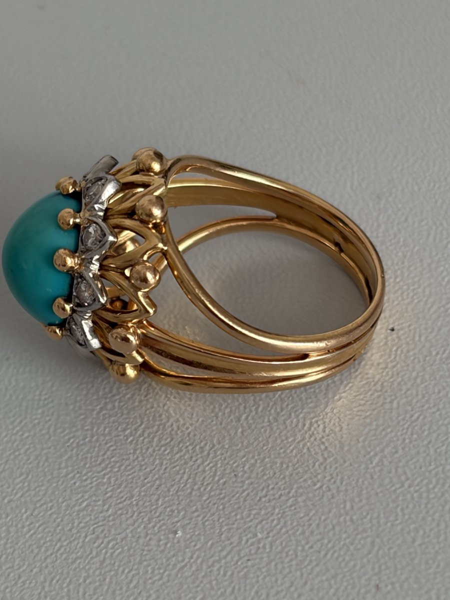 7602 - Bague Dôme Vintage Or Jaune Turquoise Diamants-photo-2