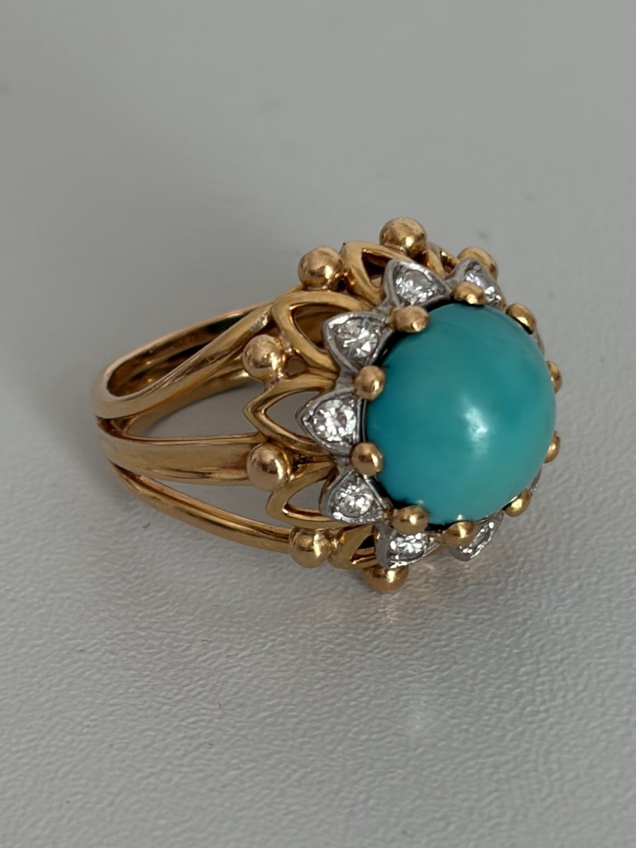 7602 - Bague Dôme Vintage Or Jaune Turquoise Diamants-photo-4