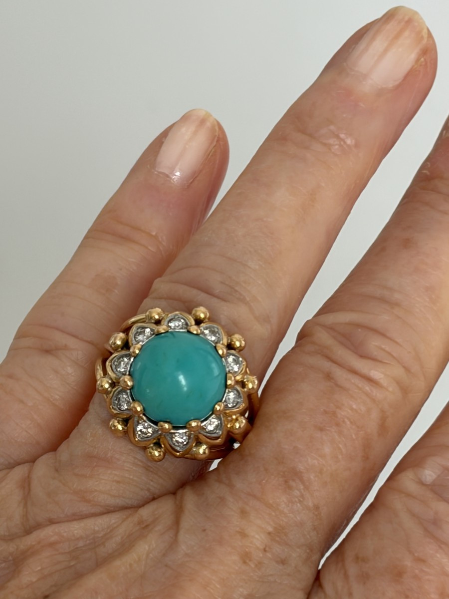 7602 - Bague Dôme Vintage Or Jaune Turquoise Diamants-photo-1