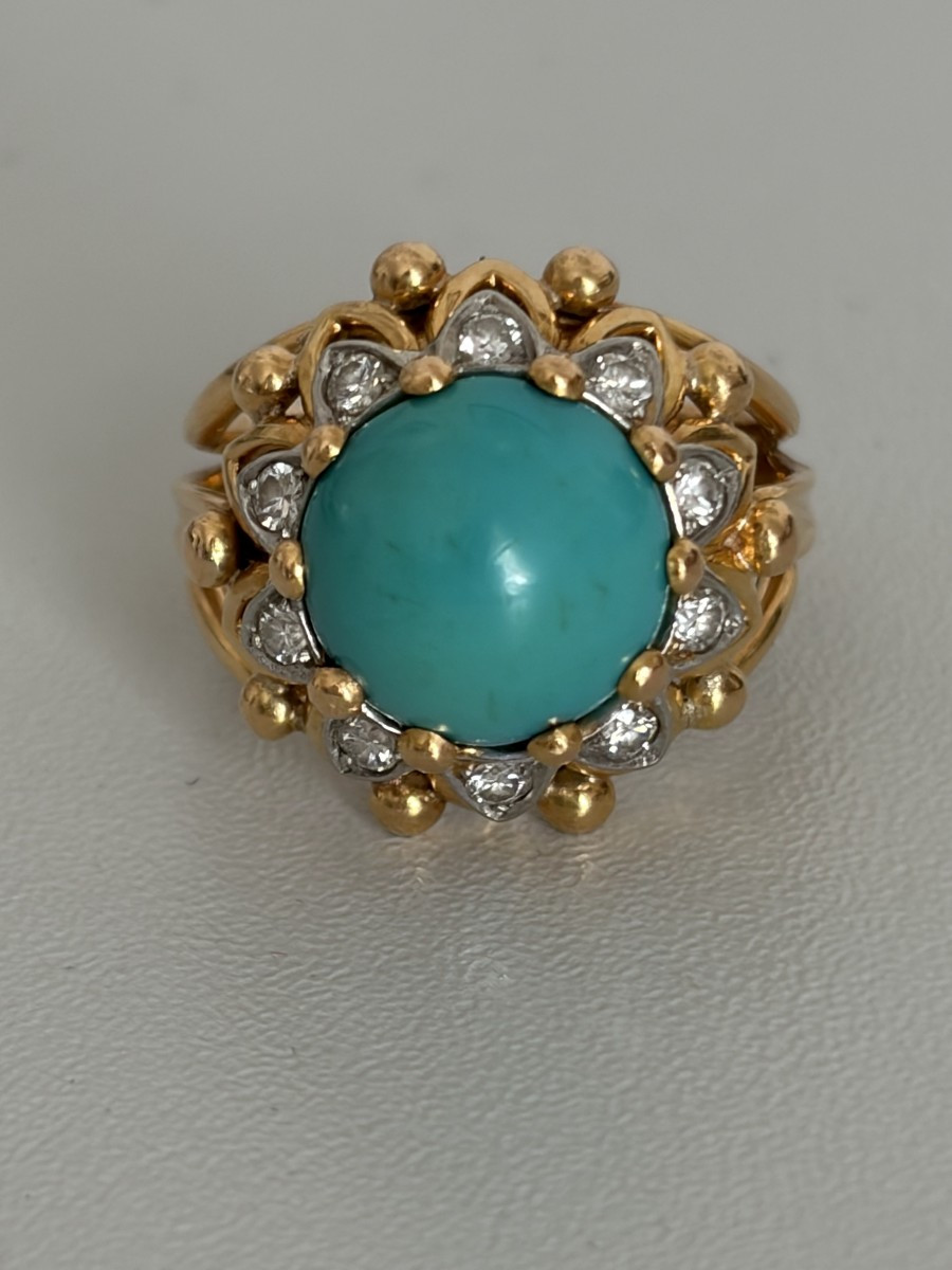 7602 - Bague Dôme Vintage Or Jaune Turquoise Diamants