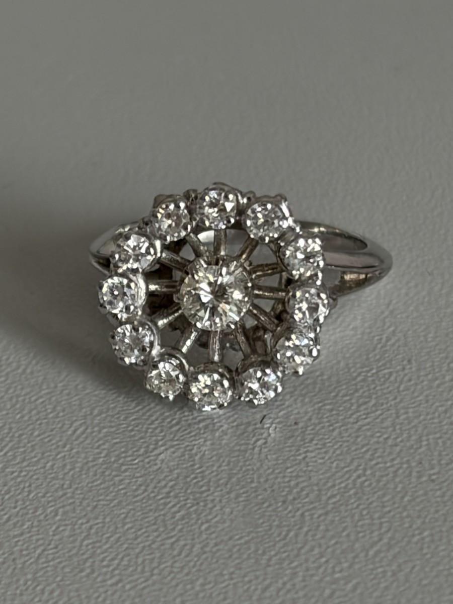7638 - Bague Fleur Vintage Or Gris Platine Diamants
