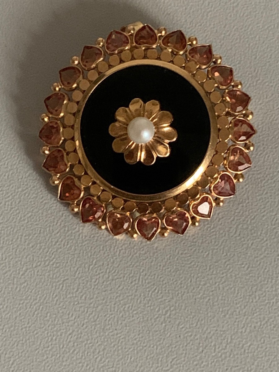 2700 - Broche Or Jaune Onyx Perle Citrines