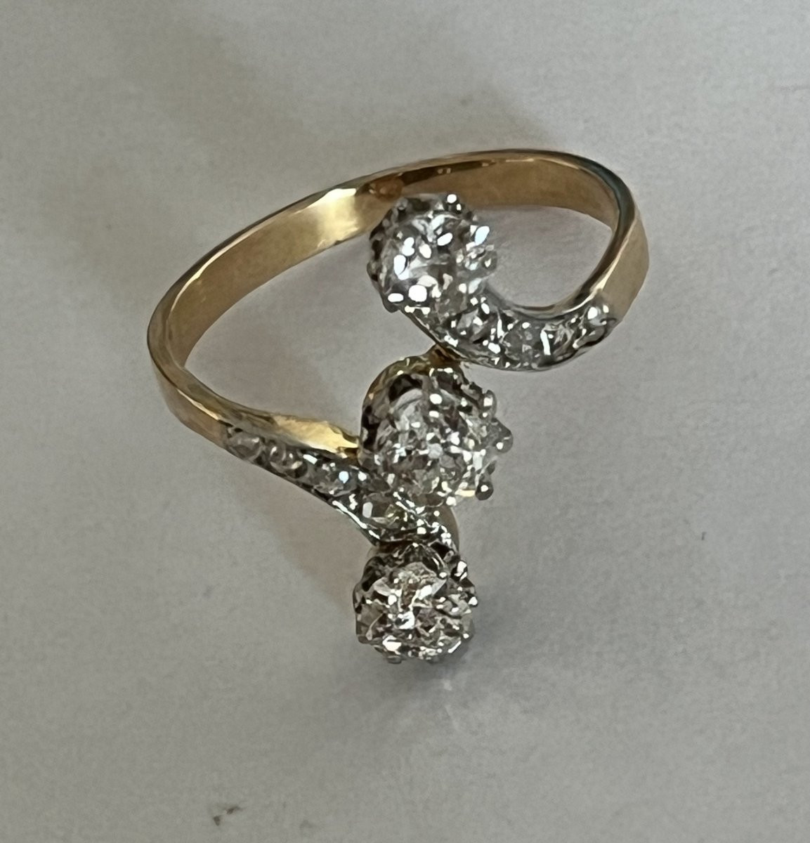 2713 - Bague Ancienne Vous & Moi Or Jaune et Gris Diamants-photo-4