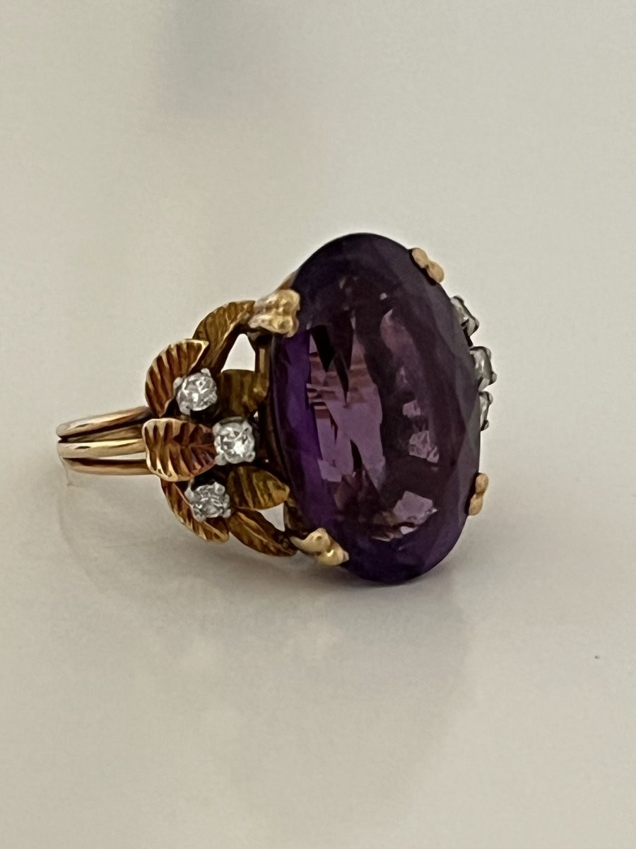 6954b - Important Vintage Ring Yellow Gold Amethyst 10.00 Ct Diamonds-photo-4