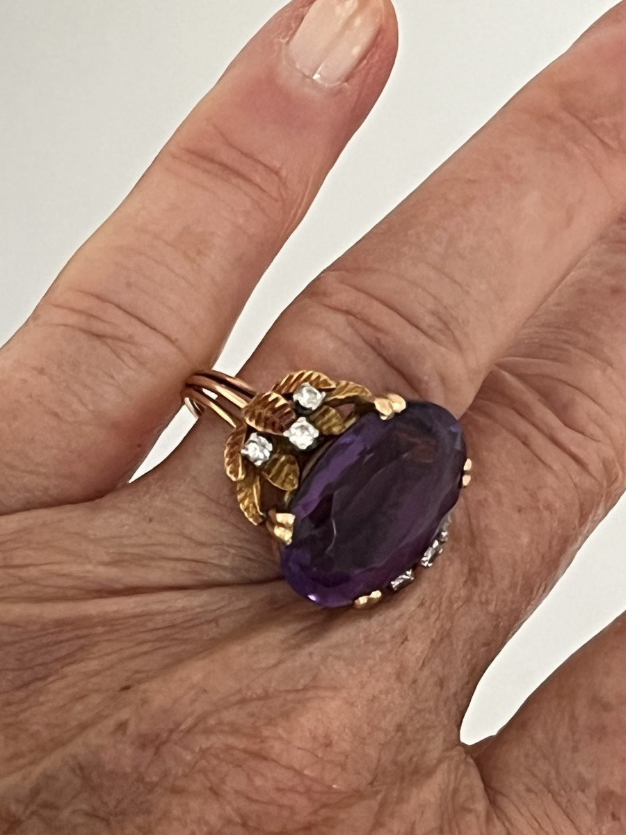 6954b - Important Vintage Ring Yellow Gold Amethyst 10.00 Ct Diamonds-photo-1