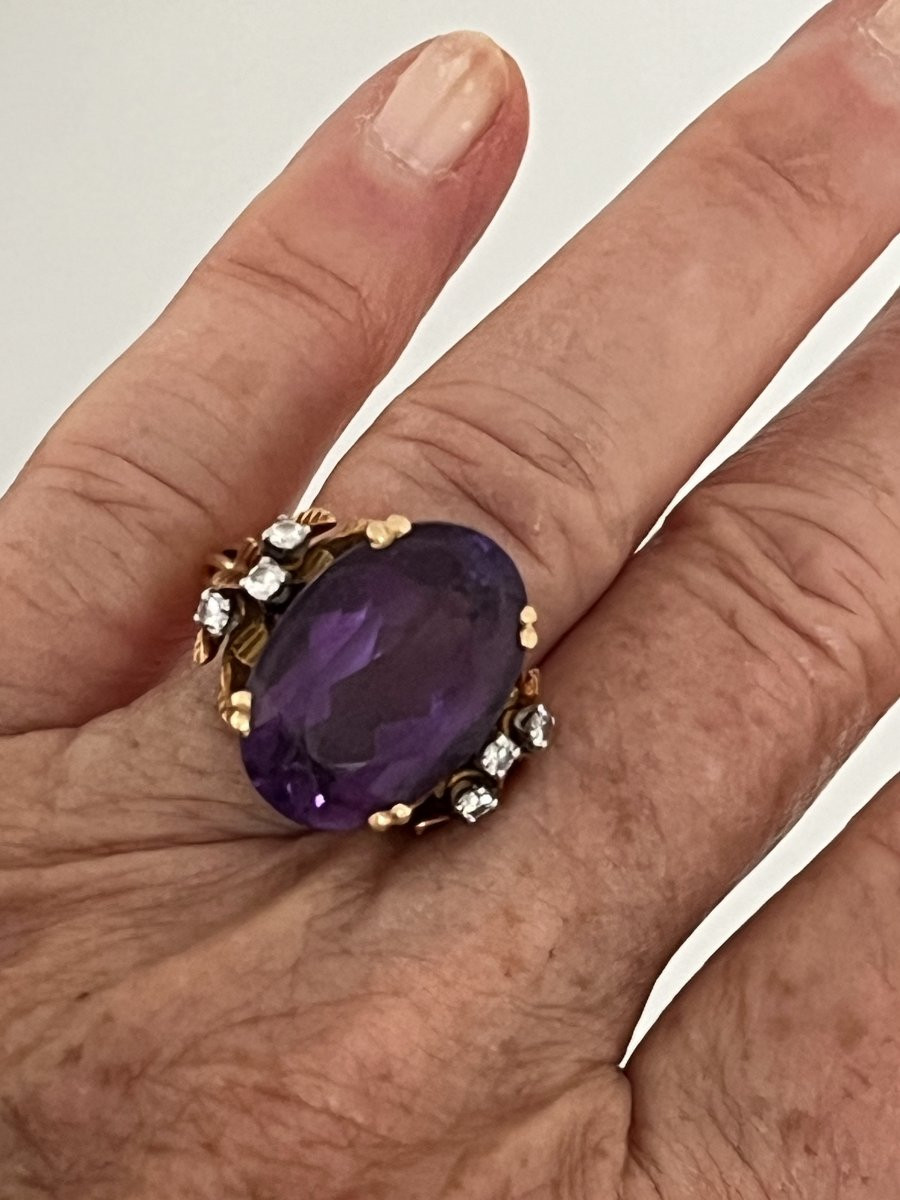 6954b - Important Vintage Ring Yellow Gold Amethyst 10.00 Ct Diamonds-photo-2