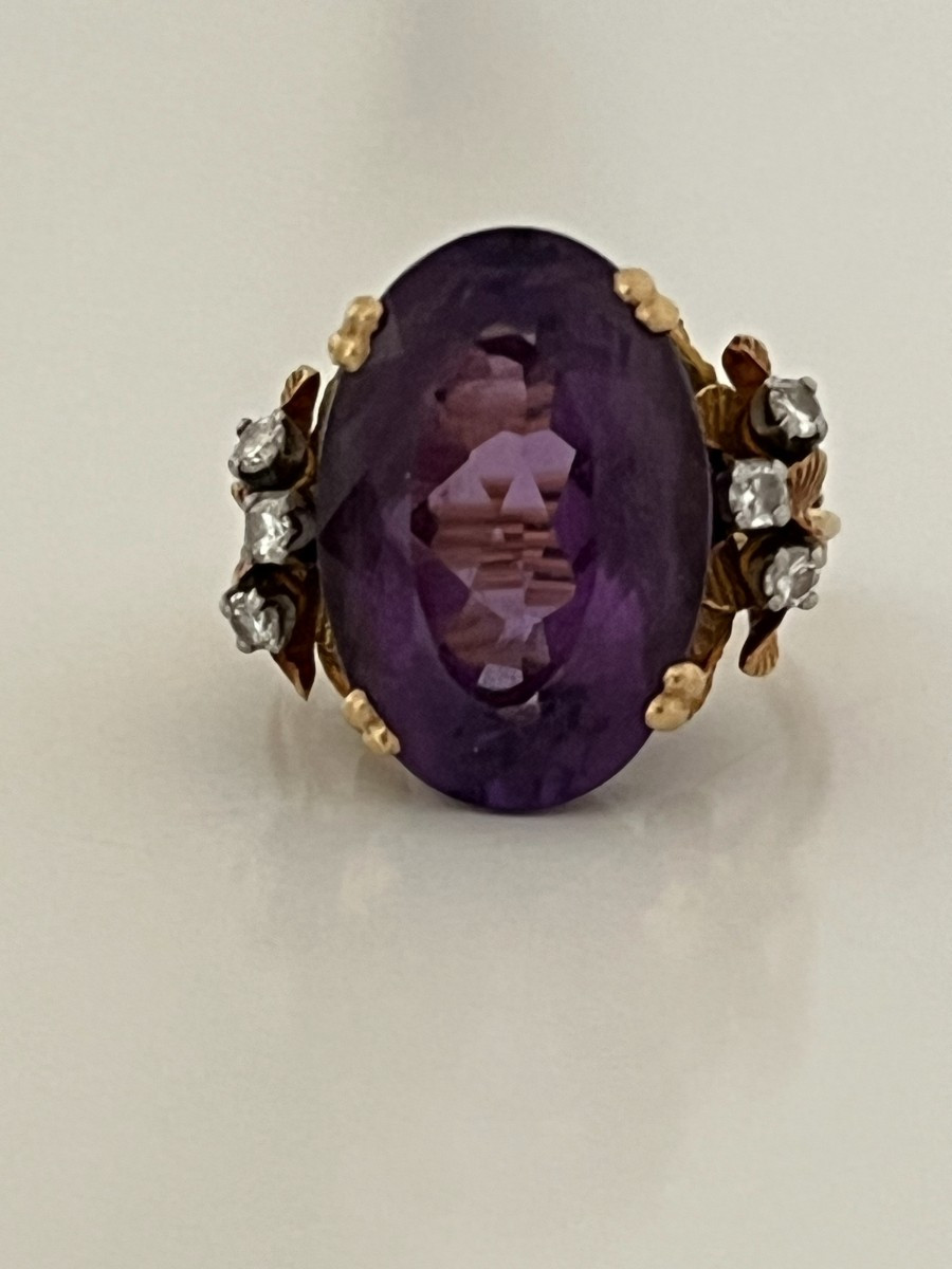 6954b - Important Vintage Ring Yellow Gold Amethyst 10.00 Ct Diamonds