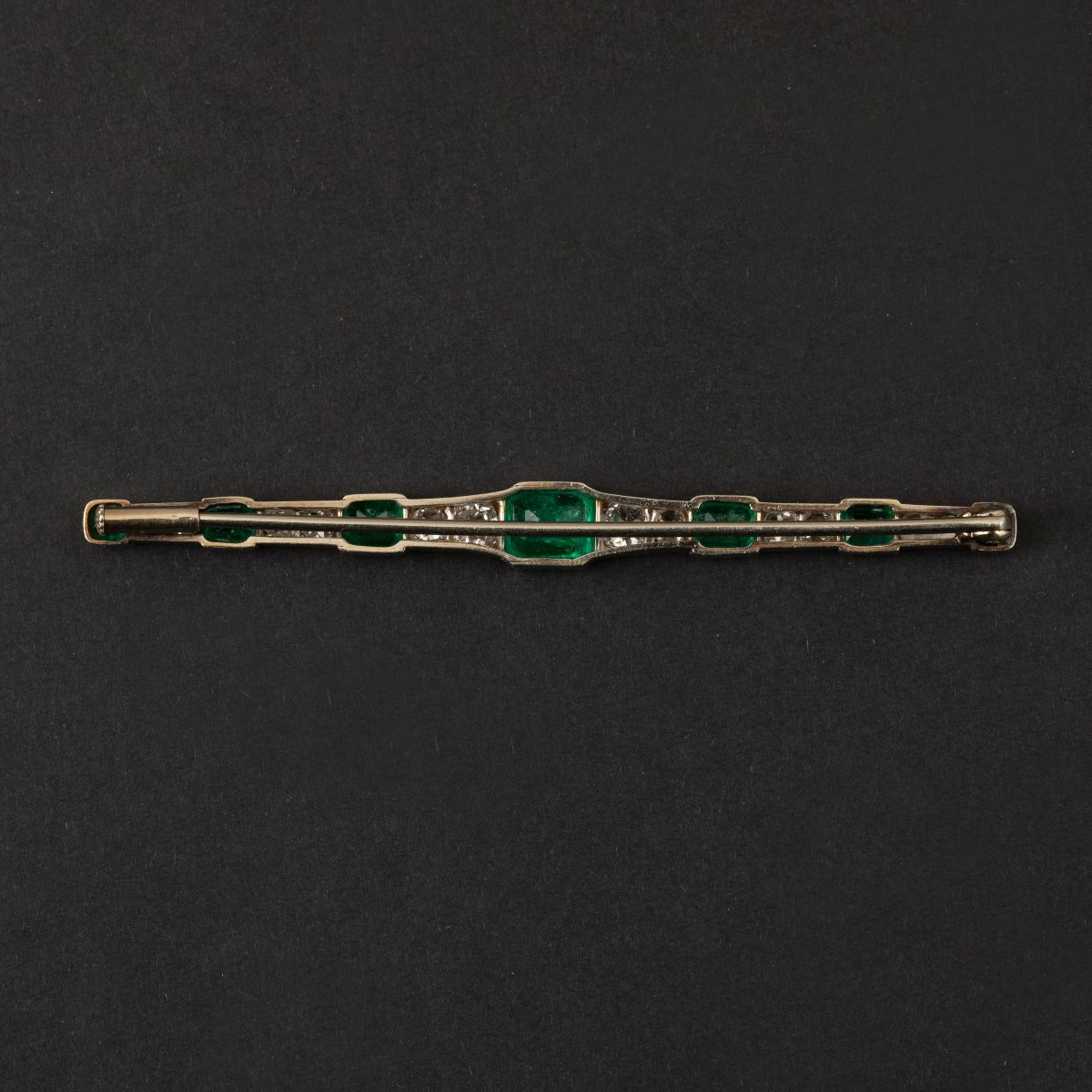 7300- Broche Barrette Ancienne Platine Diamants Emeraudes-photo-2