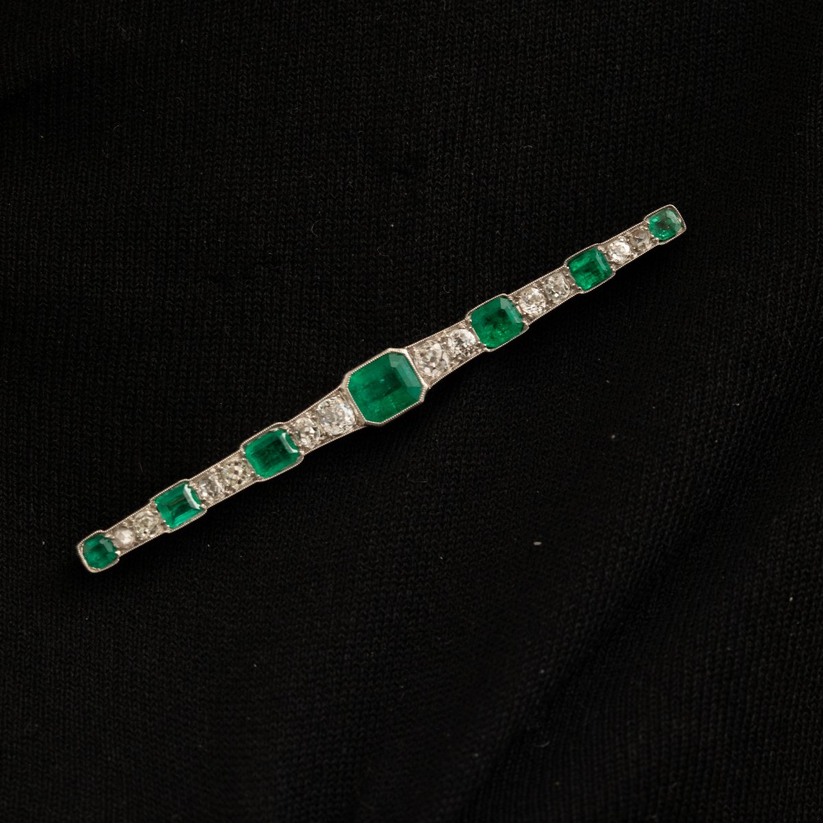 7300- Broche Barrette Ancienne Platine Diamants Emeraudes-photo-3