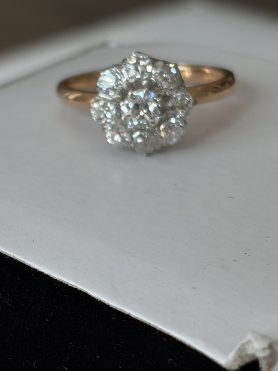 7584- Bague Marguerite Ancienne Or Jaune Platine Diamants-photo-1