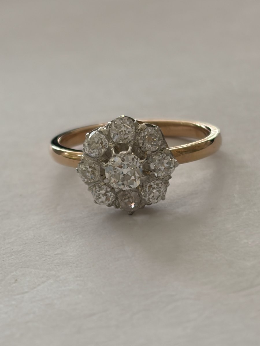 7584- Bague Marguerite Ancienne Or Jaune Platine Diamants-photo-3