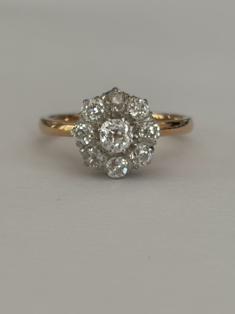 7584- Bague Marguerite Ancienne Or Jaune Platine Diamants