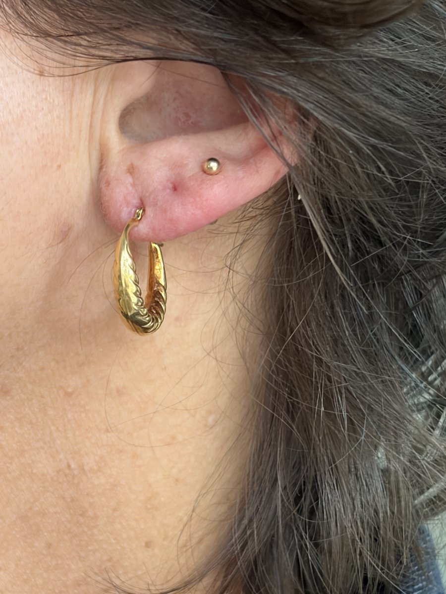7589- Vintage Earrings Creoles Yellow Gold Godronné-photo-4