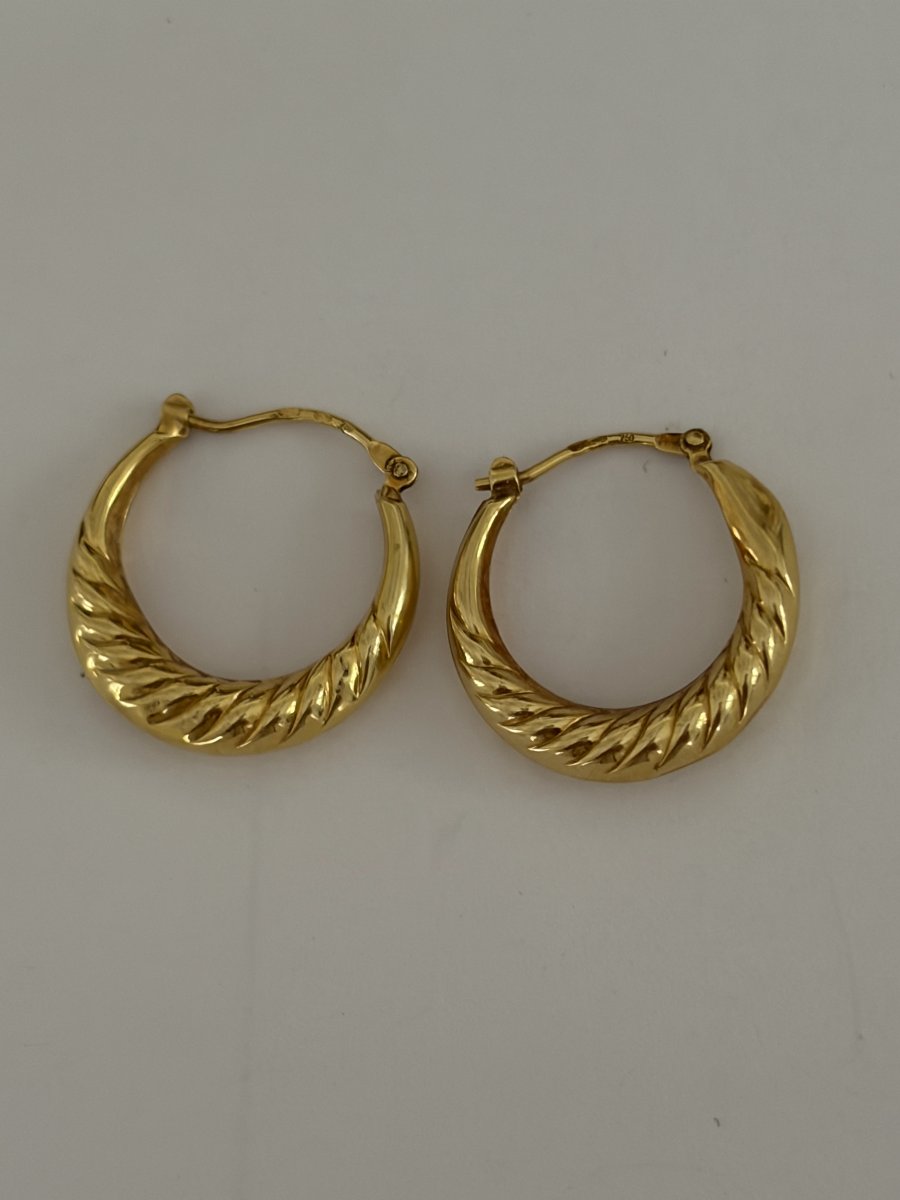 7589- Vintage Earrings Creoles Yellow Gold Godronné