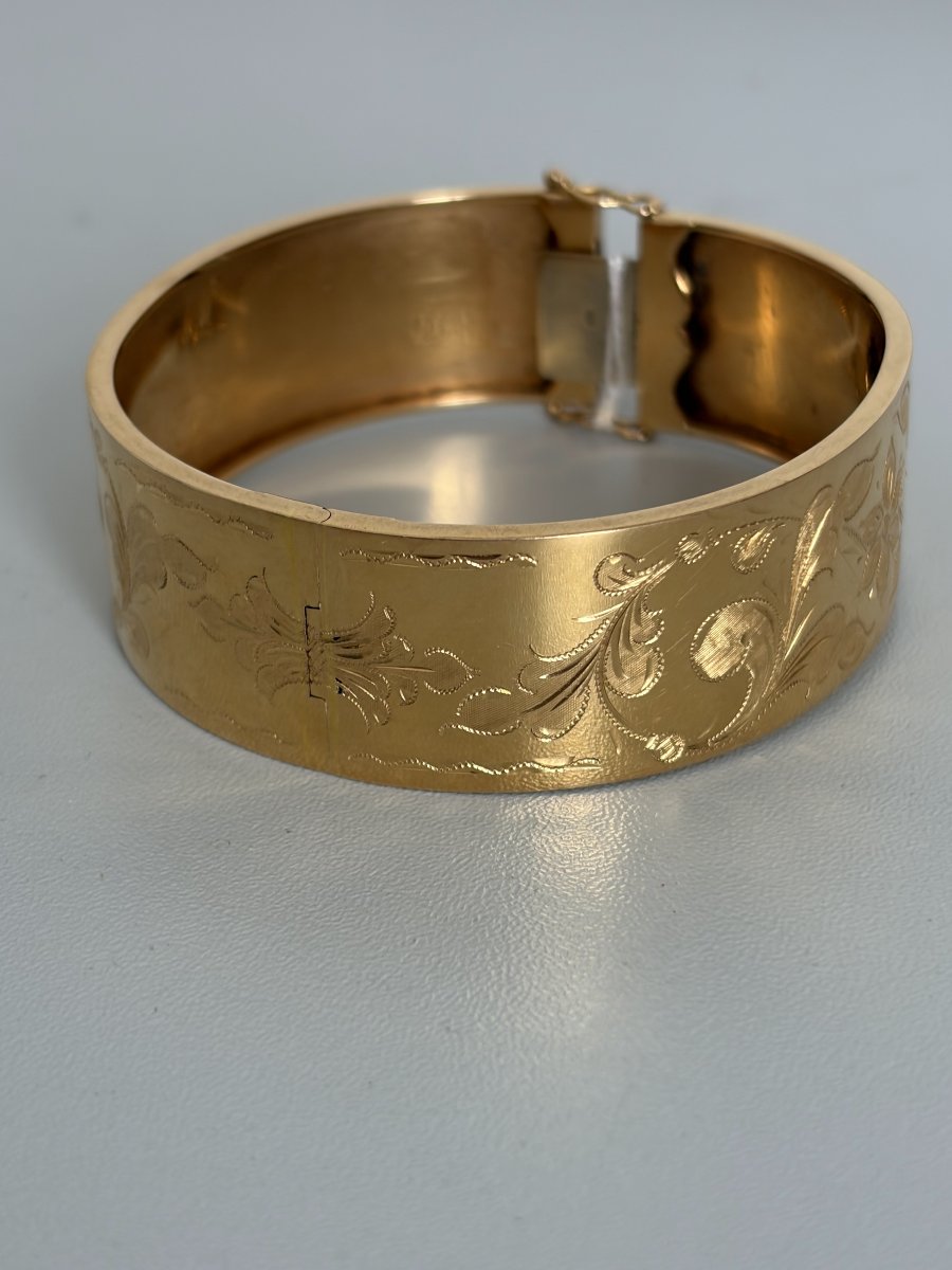 7595- Bracelet Manchette Rigide Or Jaune Ciselé