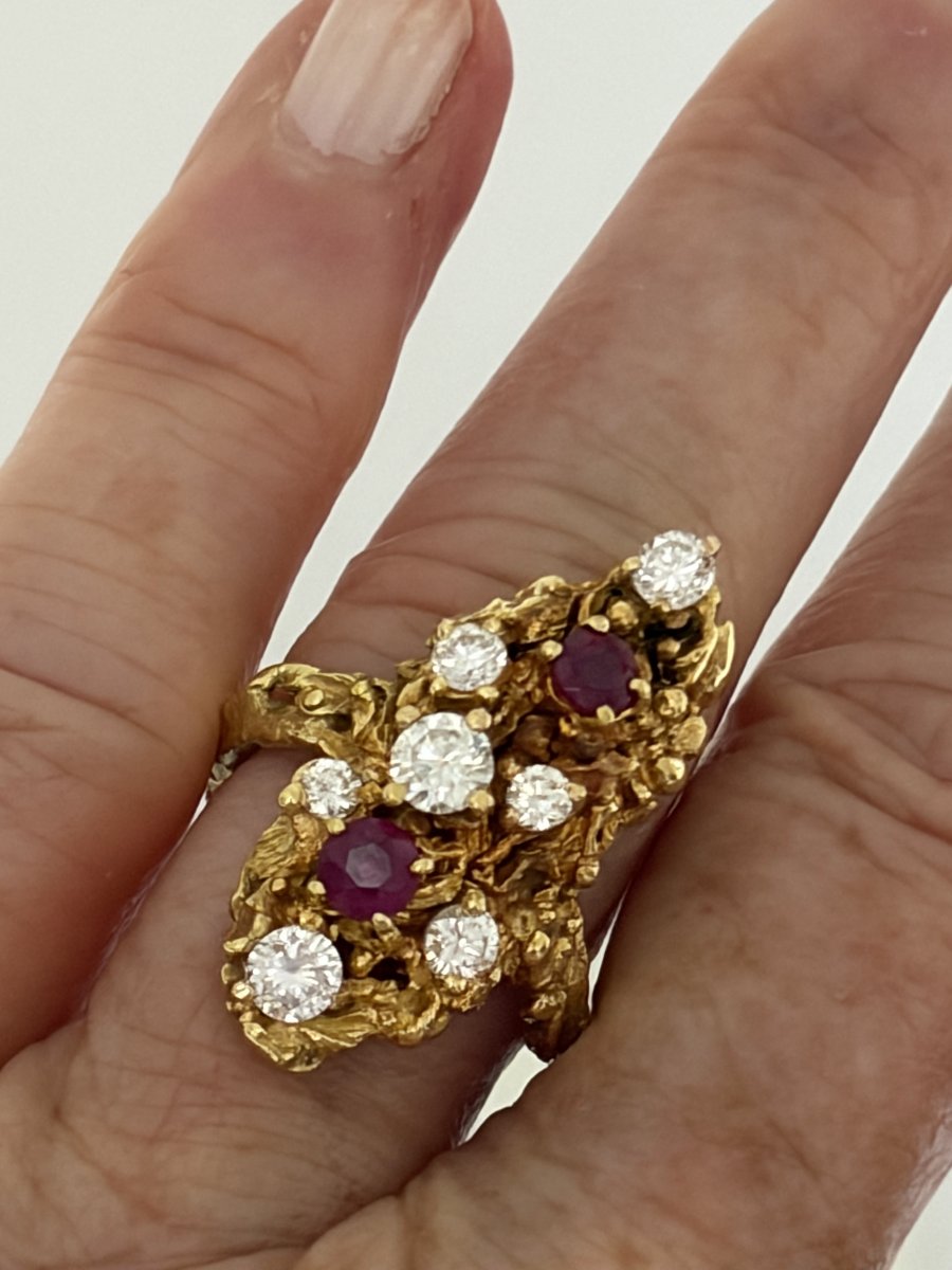 7635- Ruby Diamonds Textured Yellow Gold Modernist Ring-photo-2