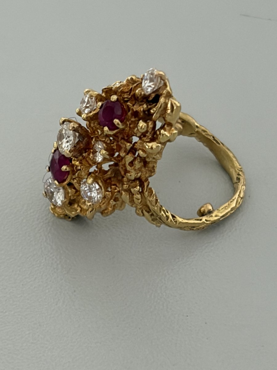 7635- Ruby Diamonds Textured Yellow Gold Modernist Ring-photo-3