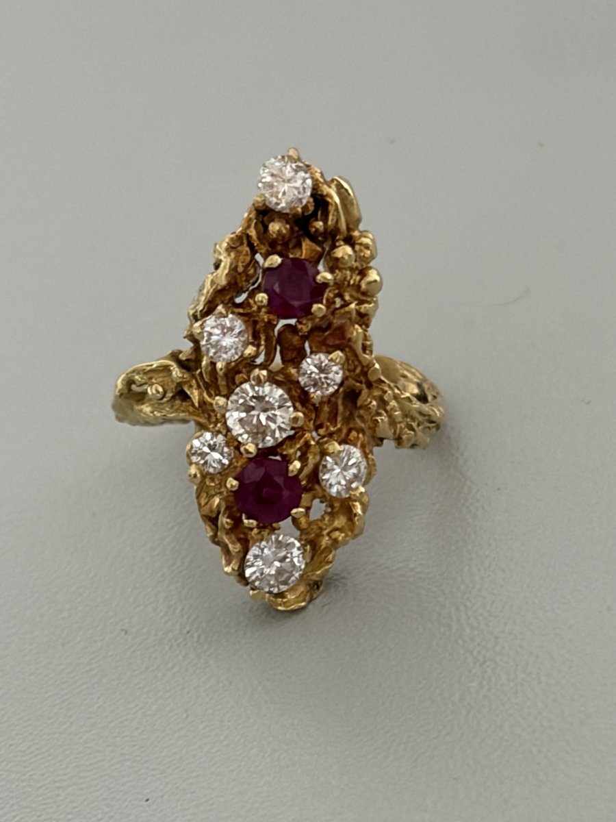 7635- Ruby Diamonds Textured Yellow Gold Modernist Ring