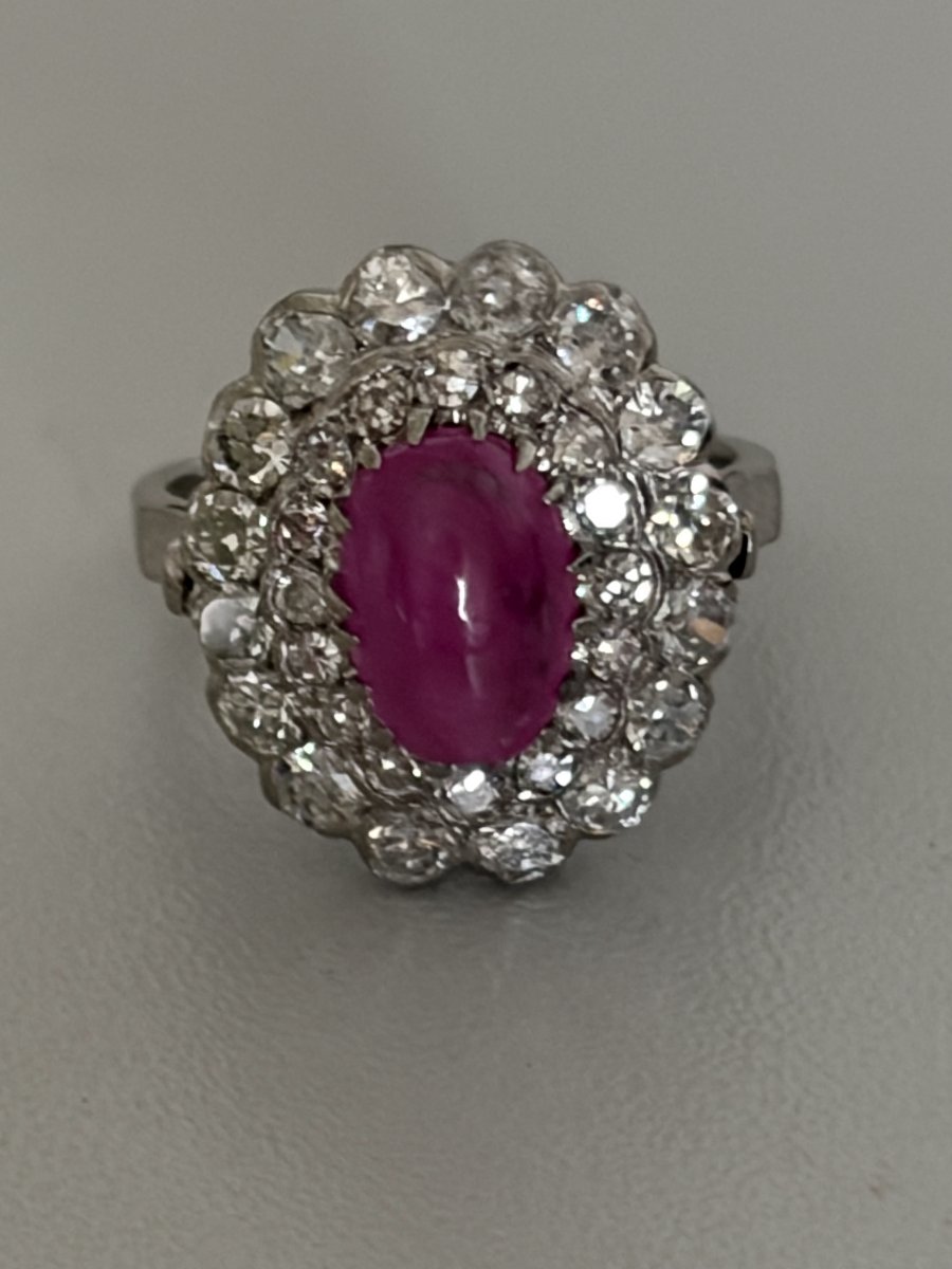7642- Bague Fleur Platine Rubis Cabochon 3,20 ct Diamants-photo-2