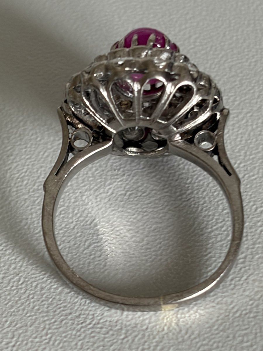 7642- Bague Fleur Platine Rubis Cabochon 3,20 ct Diamants-photo-4