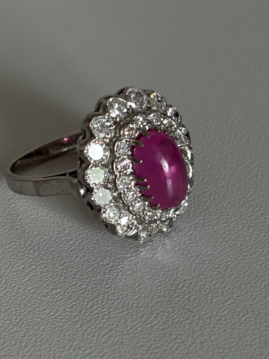7642- Bague Fleur Platine Rubis Cabochon 3,20 ct Diamants-photo-1