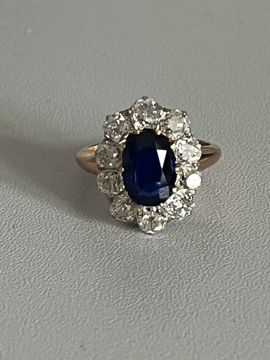 4069- Bague Pompadour Or Jaune Platine Saphir Diamants