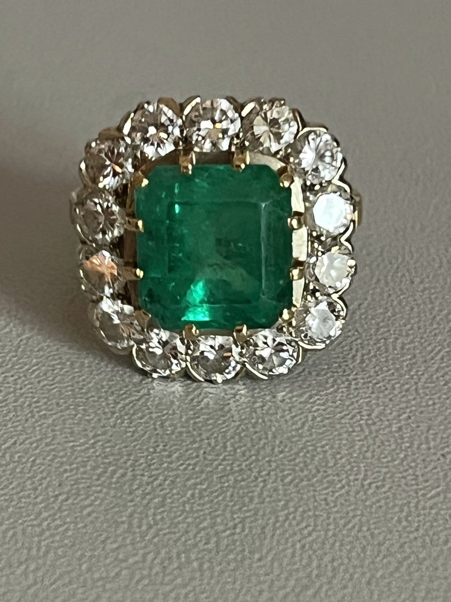 5048- Bague Platine Or Jaune Emeraude Colombie 4,50 ct Diamants