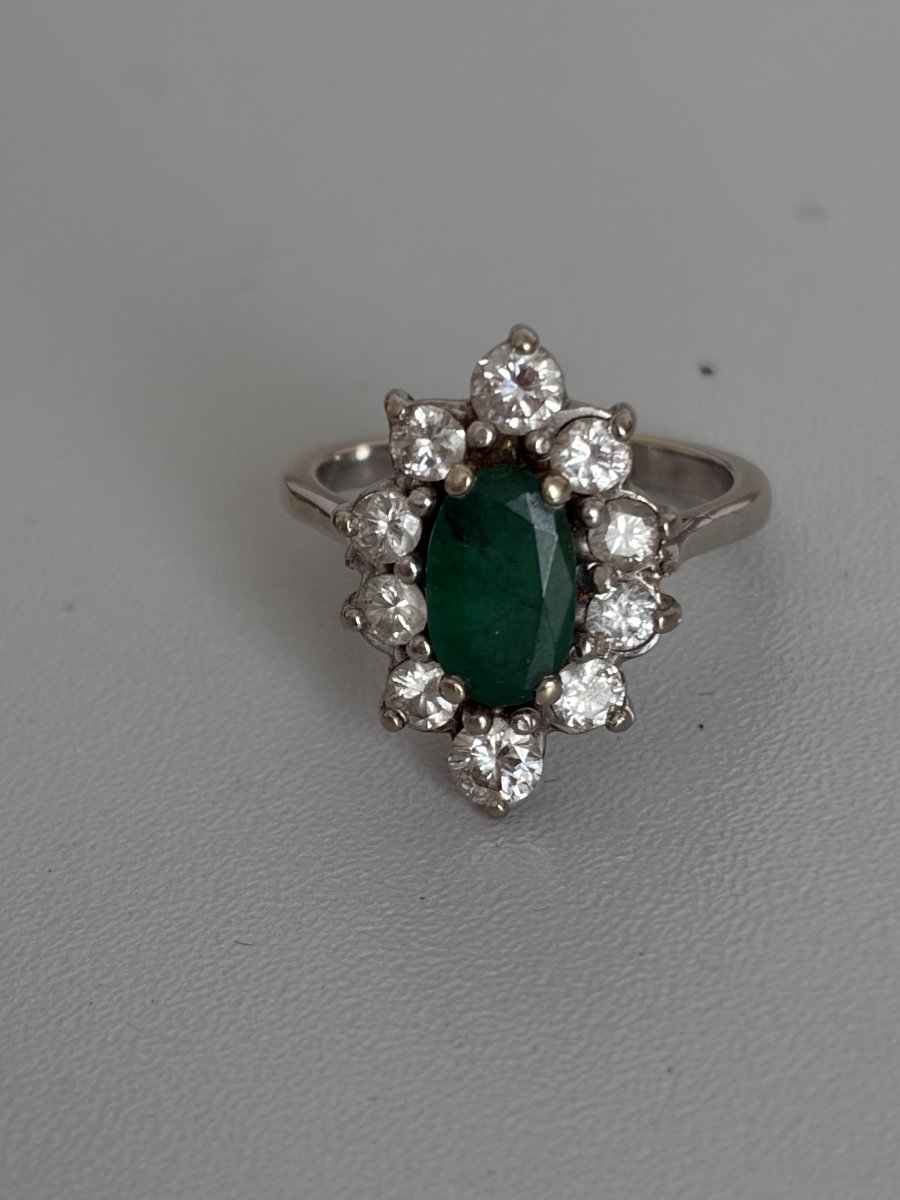 7640- Emerald Diamonds White Gold Flower Ring