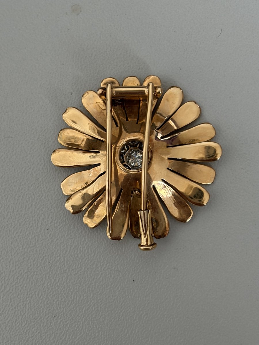 7656- Broche Fleur Vintage Or Jaune Diamants-photo-2