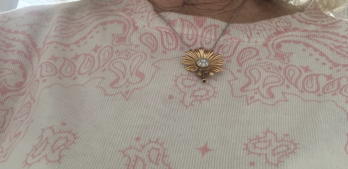 7656- Broche Fleur Vintage Or Jaune Diamants-photo-4